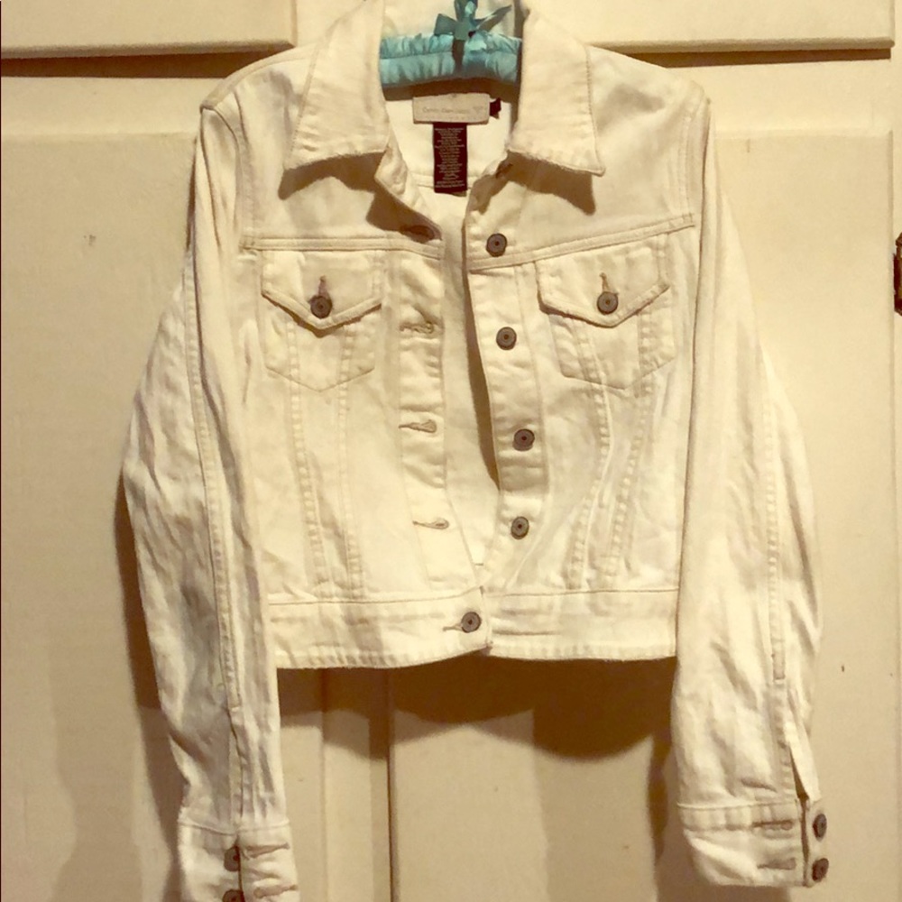 Distressed white denim jacket